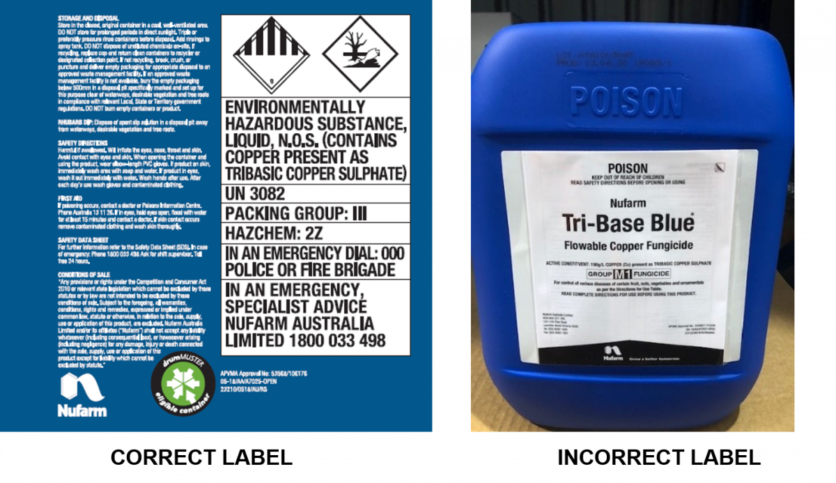 Tri-Base Blue 10L product labelling issue - Nufarm Australia
