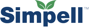 Simpell logo, blue letters with green leaves above the p.