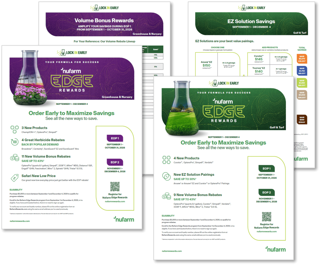 A fanned out grouping of Nufarm Edge Rewards Brochures for greenhouse & Nursery and Golf & Turf.
