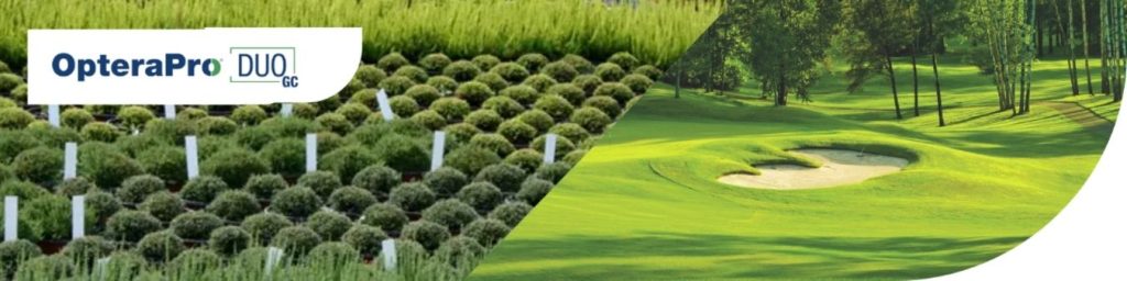 OpteraPro Duo GC insecticide for golf courses and nursery production, featuring healthy ornamental shrubs and professionally maintained golf course turf for above-and-below insect control of grubs, caterpillars, and key turf pests.